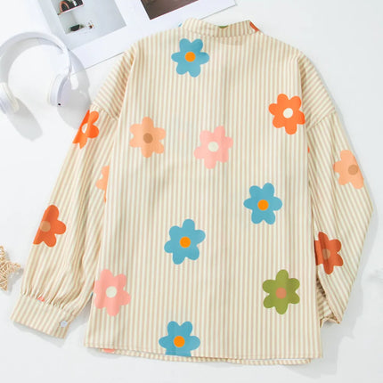 Striped Flower Button Up Long Sleeve Shirt