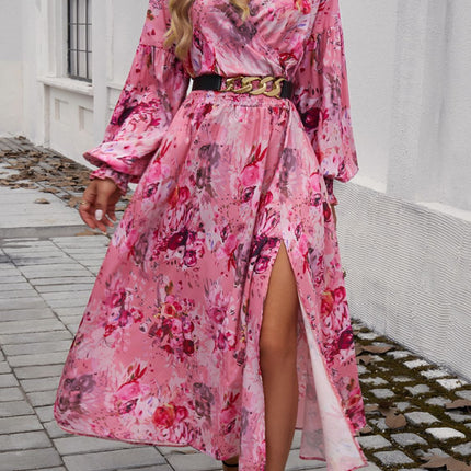 Split Printed Surplice Long Sleeve Midi Dress