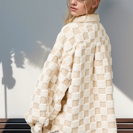 Double Take Button Up Fuzzy Checkered Shacket - Vickie Lynn's