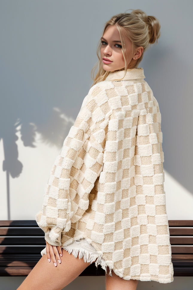 Double Take Button Up Fuzzy Checkered Shacket - Vickie Lynn's