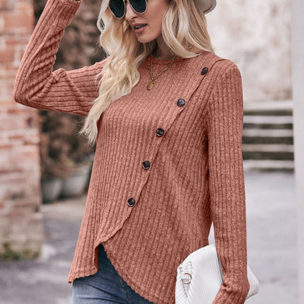 Double Take Ribbed Round Neck Buttoned Long Sleeve Tee