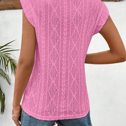 Openwork Round Neck Cap Sleeve Top