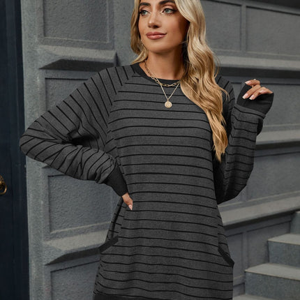 Pocketed Striped Round Neck Long Sleeve T-Shirt