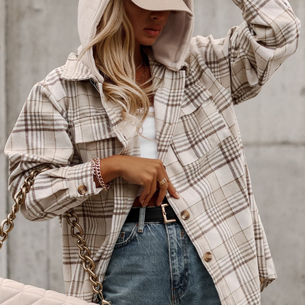 Plaid Removable Hood Button Up Shacket