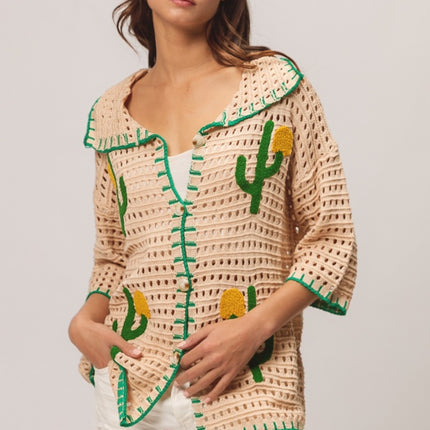 BiBi Edge Stitched Cactus Patch Sweater Cardigan