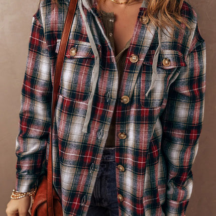 Drawstring Plaid Button Up Hooded Shacket