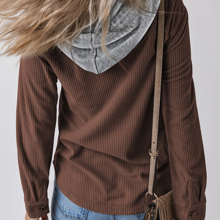 Drawstring Button Up Long Sleeve Hooded Jacket - Vickie Lynn's