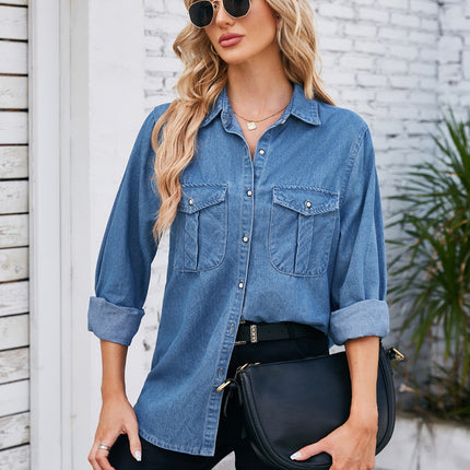 Button Up Collared Neck Denim Jacket