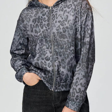 Pocketed Leopard Zip Up Hooded Jacket