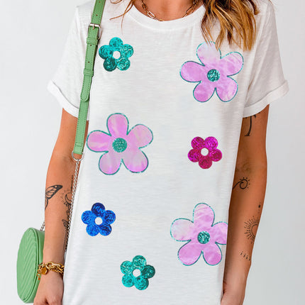 Flower Round Neck Short Sleeve T-Shirt - Vickie Lynn's