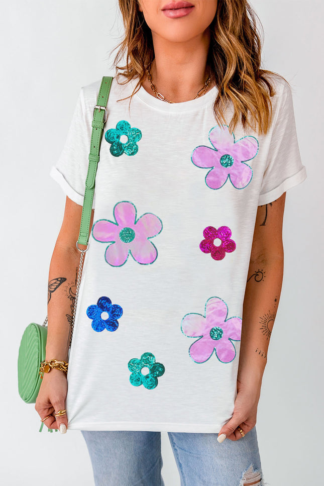 Flower Round Neck Short Sleeve T-Shirt - Vickie Lynn's