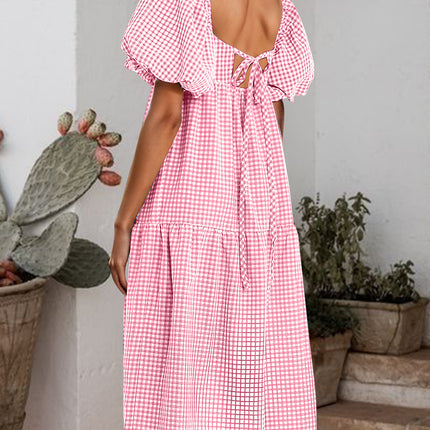 Plaid Square Neck Short Sleeve Dress