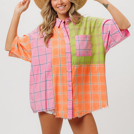 BiBi Plaid Collared Neck Half Sleeve Shirt