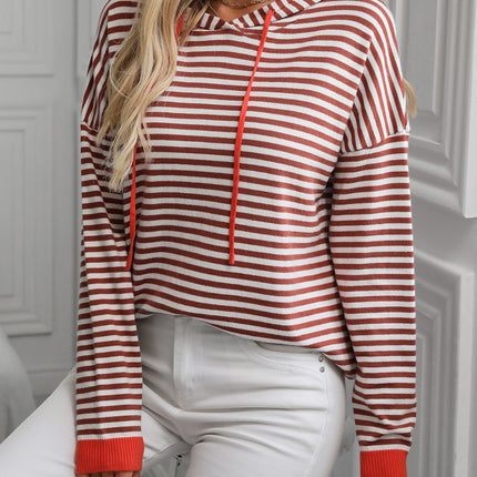 Striped Long Sleeve Hooded Knit Top