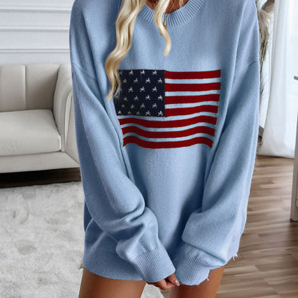 Devine US Flag Round Neck Long Sleeve Knit Top - Vickie Lynn's