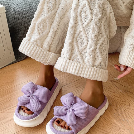 Bow Waffle-Knit Platform Slippers