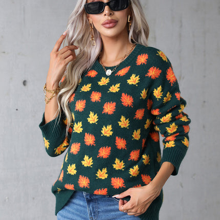 Angel Wings Maple Leaf Round Neck Long Sleeve Sweater