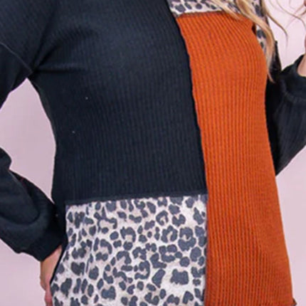 Plus Size Waffle-Knit Leopard Round Neck Blouse