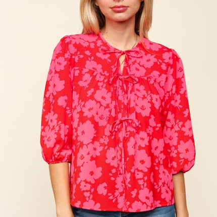 Haptics Full Size Ribbon Bow Floral Balloon Sleeve Blouse