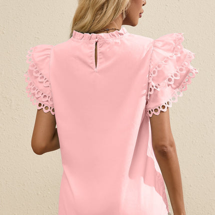 Ruffled Eyelet Round Neck Cap Sleeve Blouse