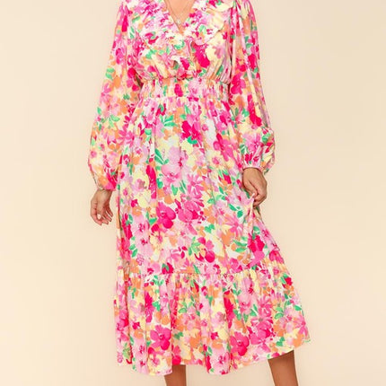 Haptics Full Size Floral Surplice Balloon Sleeve Dress with Side Pockets