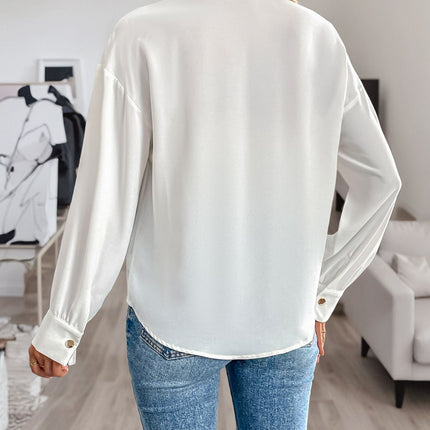 Perfee Sequin Contrast Collared Neck Long Sleeve Shirt