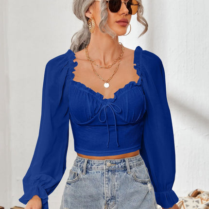 Mesh Sweetheart Neck Flounce Sleeve Top