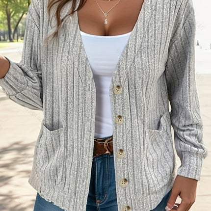 Full Size Button Up V-Neck Long Sleeve Cardigan