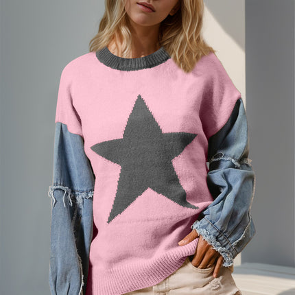 Double Take Full Size Star Pattern Raw Edge Long Sleeve Sweater