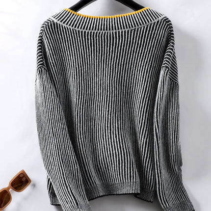 Striped V-Neck Long Sleeve Sweater