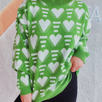 Heart Contrast Long Sleeve Dropped Shoulder Sweater