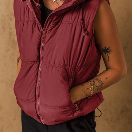 Drawstring Zip Up Hooded Vest Coat