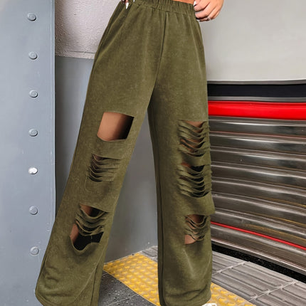 Distressed Elastic Waist Straight Leg Pants