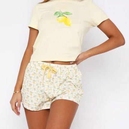 Printed Round Neck Short Sleeve Top and Drawstring Shorts Set