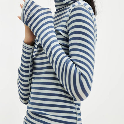 Exposed Seam Striped Turtleneck Long Sleeve T-Shirt