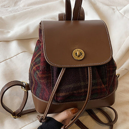 PU Leather Drawstring Plaid Backpack Bag