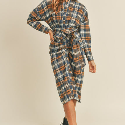 Mable Plaid Flannel Front Tie Button Down Shirt Dress