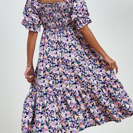 Smocked Floral Square Neck Short Sleeve Dress