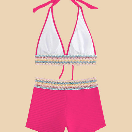 Backless Textured Halter Neck Two-Piece Swim Set