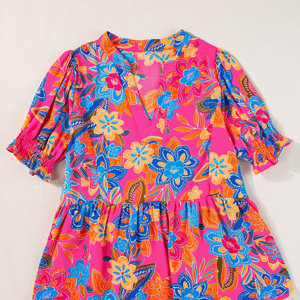 Peplum Printed Notched Short Sleeve Blouse