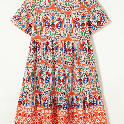 Printed Tie Neck Short Sleeve Dress