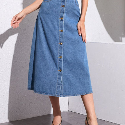 Buttoned Midi Denim Skirt with Pockets