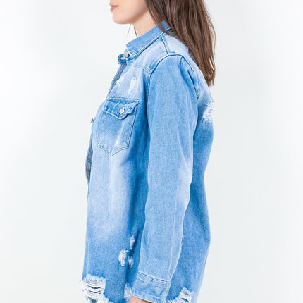 American Bazi Frayed Hem Distressed Denim Shirt Jacket