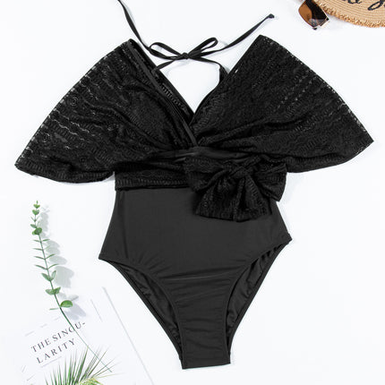 Tied Lace Detail V-Neck Half Sleeve One-Piece Swimwear