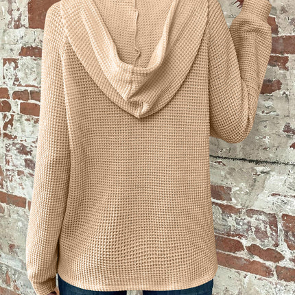 Waffle Knit Long Sleeve Drawstring Hooded Top