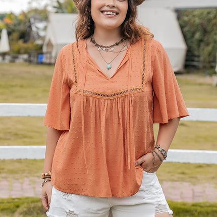 Plus Size Ruched Tie Neck Half Sleeve Blouse