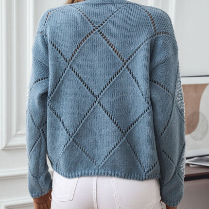 Openwork Round Neck Long Sleeve Knit Top