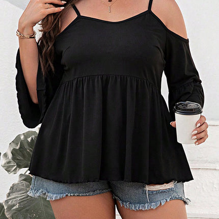 Plus Size Cold Shoulder Flounce Sleeve Blouse