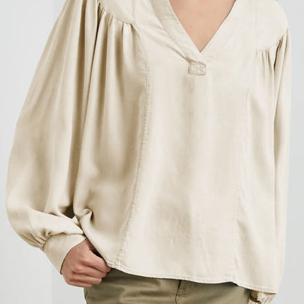 Ruched Notched Long Sleeve Blouse