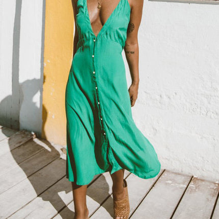 Buttoned Plunge Midi Cami Dress